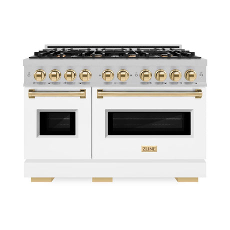 ZLINE Autograph Edition 48 in. 6.7 cu. ft. Classic Double Oven Dual Fuel Range with 8 Burner Gas Cooktop in DuraSnow® Stainless Steel with White Matte Doors and Polished Gold Accents (CDRSZ-WM-48-G)