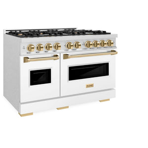 ZLINE Autograph Edition 48 in. 6.7 cu. ft. Classic Double Oven Dual Fuel Range with 8 Burner Gas Cooktop in DuraSnow® Stainless Steel with White Matte Doors and Polished Gold Accents (CDRSZ-WM-48-G)