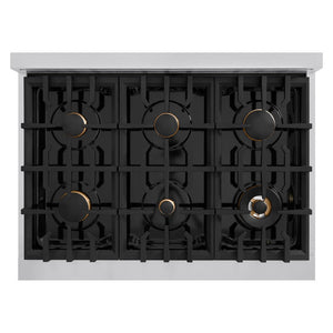 ZLINE Autograph Edition 36 in. 5.2 cu. ft. Classic Dual Fuel Range with 6 Burner Gas Cooktop and Electric Convection Oven in Stainless Steel with Polished Gold Accents (CDRZ-36-G)