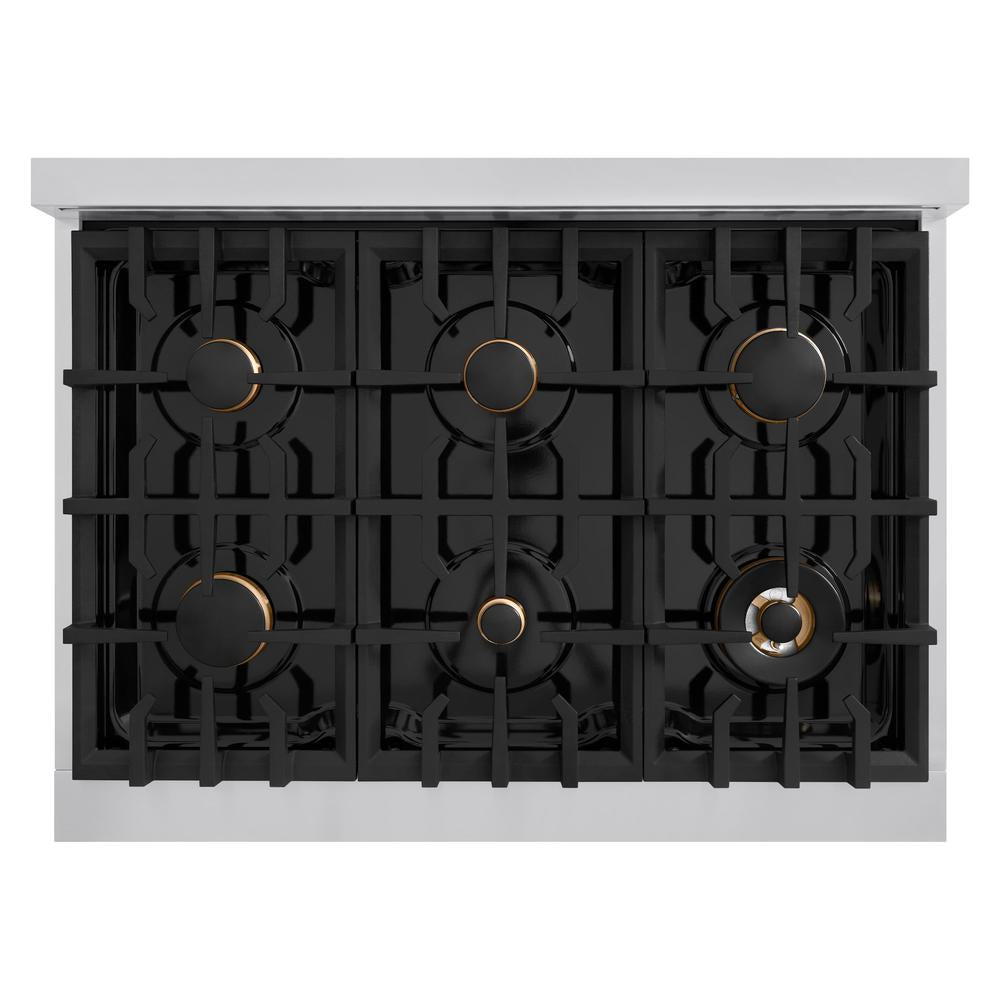 ZLINE Autograph Edition 36 in. 5.2 cu. ft. Classic Dual Fuel Range with 6 Burner Gas Cooktop and Electric Convection Oven in Stainless Steel with White Matte Door and Polished Gold Accents (CDRZ-WM-36-G)