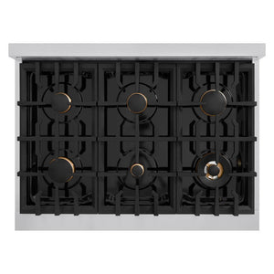 ZLINE Autograph Edition 36 in. 5.2 cu. ft. Classic Gas Range with 6 Burner Cooktop and Convection Gas Oven in Stainless Steel with White Matte Door and Polished Gold Accents (CGRZ-WM-36-G)
