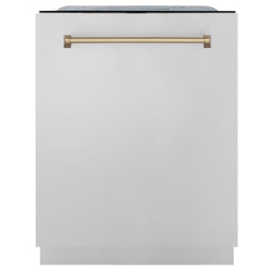 ZLINE Autograph Edition 24 in. Monument Series 3rd Rack Top Touch Control Tall Tub Dishwasher in Stainless Steel with Champagne Bronze Handle, 45dBa (DWMTZ-304-24-CB)