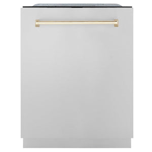ZLINE Autograph Edition 24 in. Monument Series 3rd Rack Top Touch Control Tall Tub Dishwasher in Stainless Steel with Polished Gold Handle, 45dBa (DWMTZ-304-24-G)