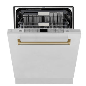 ZLINE Autograph Edition 48 in. Kitchen Package with Stainless Steel Dual Fuel Range, Range Hood, Dishwasher and Refrigerator Including External Water Dispenser with Champagne Bronze Accents (4AKPR-RARHDWM48-CB)