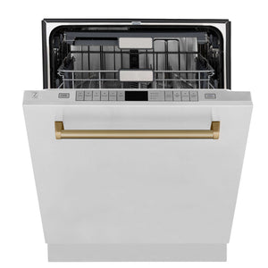 ZLINE Autograph Edition 30 in. Kitchen Package with Stainless Steel Dual Fuel Range, Range Hood, Dishwasher, and Refrigerator with External Water Dispenser with Champagne Bronze Accents (4AKPR-RARHDWM30-CB)