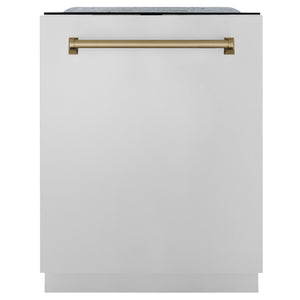 ZLINE Autograph Edition 36 in. Kitchen Package with Stainless Steel Dual Fuel Range, Range Hood, Dishwasher and Refrigerator with Champagne Bronze Accents (4KAPR-RARHDWM36-CB)
