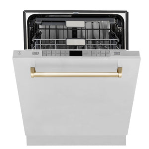 ZLINE Autograph Edition 36 in. Kitchen Package with Stainless Steel Dual Fuel Range, Range Hood, Dishwasher and Refrigerator with Polished Gold Accents (4KAPR-RARHDWM36-G)