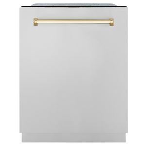 ZLINE Autograph Edition 30 in. Kitchen Package with Stainless Steel Dual Fuel Range, Range Hood, Dishwasher and Refrigerator with Polished Gold Accents (4KAPR-RARHDWM30-G)