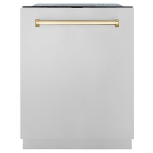 ZLINE Autograph Edition 36 in. Kitchen Package with Stainless Steel Dual Fuel Range, Range Hood, Dishwasher and Refrigerator with Polished Gold Accents (4KAPR-RARHDWM36-G)