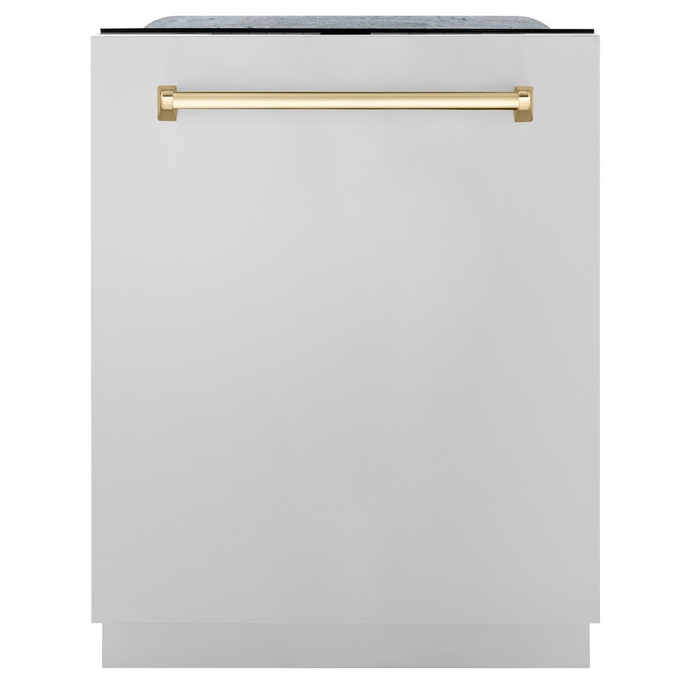 ZLINE Autograph Edition 48 in. Kitchen Package with Stainless Steel Dual Fuel Range, Range Hood, Dishwasher and Refrigerator Including External Water Dispenser with Polished Gold Accents (4AKPR-RARHDWM48-G)