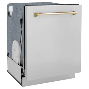 ZLINE Autograph Edition Kitchen Package in Stainless Steel with 30 in. Dual Fuel Range, 30 in. Range Hood, and 24 in. Dishwasher with Polished Gold Accents (3AKP-RARHDWM30-G)