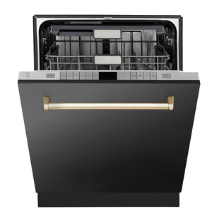ZLINE Autograph Edition 24 in. Monument Series 3rd Rack Top Touch Control Tall Tub Dishwasher in Black Stainless Steel with Polished Gold Handle, 45dBa (DWMTZ-BS-24-G)