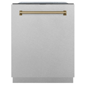 ZLINE Autograph Edition 24 in. Monument Series 3rd Rack Top Control Tall Tub Dishwasher in Fingerprint Resistant Stainless Steel with Champagne Bronze Accents, 45dBa (DWMTZ-SN-24-CB)