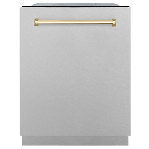 ZLINE Autograph Edition 24 in. 3rd Rack Top Control Tall Tub Dishwasher in Fingerprint Resistant Satin Stainless Steel with Polished Gold Accents, 45dBa (DWMTZ-SN-24-G) front, closed.