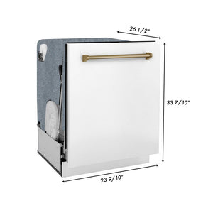 ZLINE Autograph Edition 48 in. Kitchen Package with Stainless Steel Dual Fuel Range with White Matte Door, Range Hood and Dishwasher with Champagne Bronze Accents (3AKP-RAWMRHDWM48-CB)