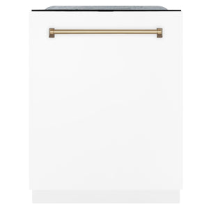 ZLINE Autograph Edition 36 in. Kitchen Package with Stainless Steel Dual Fuel Range with White Matte Door, Range Hood and Dishwasher with Champagne Bronze Accents (3AKP-RAWMRHDWM36-CB)