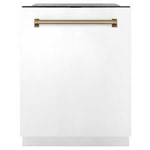 ZLINE Autograph Edition 48 in. Kitchen Package with Stainless Steel Dual Fuel Range with White Matte Door, Range Hood and Dishwasher with Champagne Bronze Accents (3AKP-RAWMRHDWM48-CB)