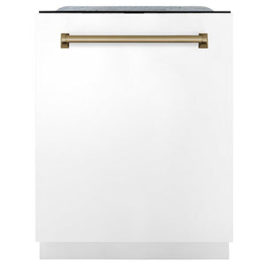 ZLINE Autograph Edition 24 in. Monument Series 3rd Rack Top Touch Control Tall Tub Dishwasher in White Matte with Champagne Bronze Accent Handle, 45dBa (DWMTZ-WM-24-CB)