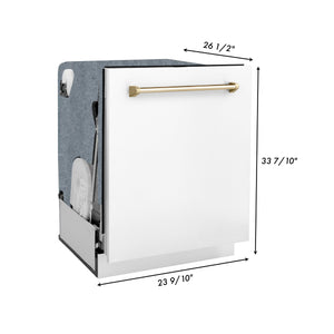 ZLINE Autograph Edition 36 in. Kitchen Package with Stainless Steel Dual Fuel Range with White Matte Door, Range Hood and Dishwasher with Polished Gold Accents (3AKP-RAWMRHDWM36-G)