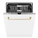 ZLINE Autograph Edition 24 in. 3rd Rack Top Touch Control Tall Tub Dishwasher in White Matte with Polished Gold Accent Handle, 45dBa (DWMTZ-WM-24-G)