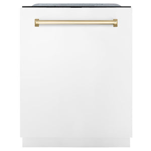 ZLINE Autograph Edition 24 in. Monument Series 3rd Rack Top Touch Control Tall Tub Dishwasher in White Matte with Polished Gold Accent Handle, 45dBa (DWMTZ-WM-24-G)