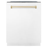 ZLINE Autograph Edition 24 in. 3rd Rack Top Touch Control Tall Tub Dishwasher in White Matte with Polished Gold Accent Handle, 45dBa (DWMTZ-WM-24-G)