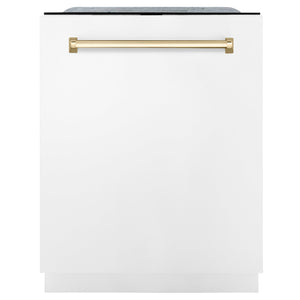 ZLINE Autograph Edition 24 in. 3rd Rack Top Touch Control Tall Tub Dishwasher in White Matte with Polished Gold Accent Handle, 45dBa (DWMTZ-WM-24-G)
