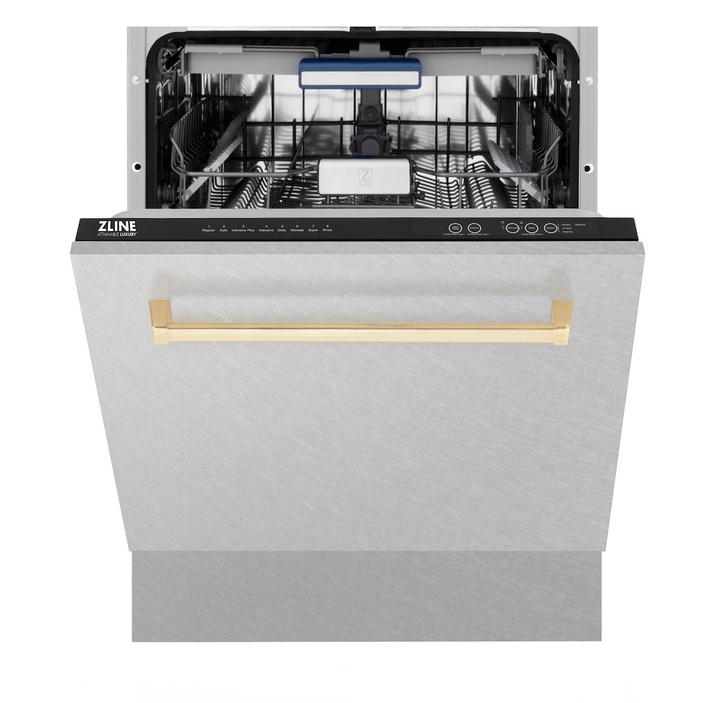 ZLINE Autograph Edition 24 in. 3rd Rack Top Control Tall Tub Dishwasher in Fingerprint Resistant Stainless Steel with Polished Gold Accent Handle, 51dBa (DWVZ-SN-24-G)