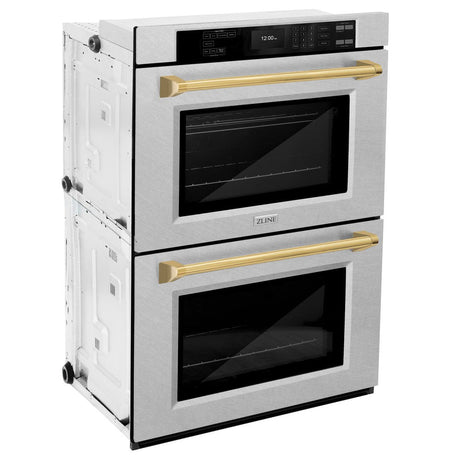 ZLINE Autograph Edition 30 in. Professional True Convection Double Wall Oven with Air Fry and Self Clean in Stainless Steel with Polished Gold Handles (WADZ-30-G)