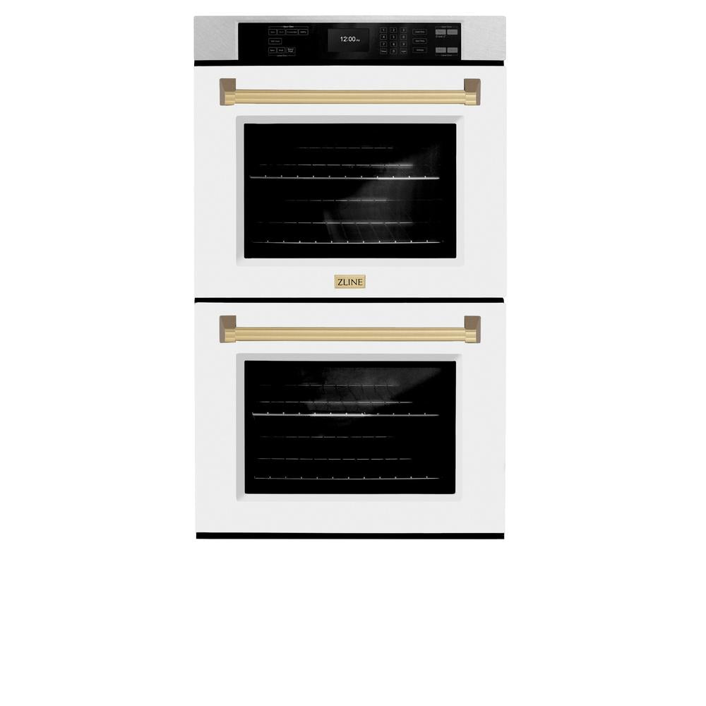 ZLINE Autograph Edition 30 in. Professional True Convection Double Wall Oven with Air Fry and Self Clean in DuraSnow® Stainless Steel with White Matte Doors and Champagne Bronze Handles (WADSZ-WM-30-CB)
