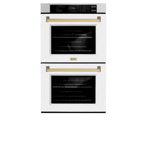 ZLINE Autograph Edition 30 in. Professional True Convection Double Wall Oven with Air Fry and Self Clean in DuraSnow® Stainless Steel with White Matte Doors and Champagne Bronze Handles (WADSZ-WM-30-CB)
