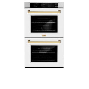 ZLINE Autograph Edition 30 in. Professional True Convection Double Wall Oven with Air Fry and Self Clean in DuraSnow® Stainless Steel with White Matte Doors and Polished Gold Handles (WADSZ-WM-30-G)