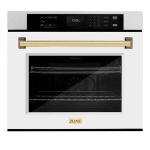 ZLINE Autograph Edition 30 in. Professional True Convection Single Wall Oven with Air Fry and Self Clean in DuraSnow® Stainless Steel with White Matte Door and Polished Gold Handle (WASSZ-WM-30-G)
