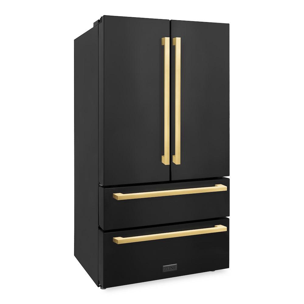 ZLINE Autograph Edition 36 in. 22.5 cu. ft 4-Door French Door Refrigerator with Ice Maker in Black Stainless Steel with Polished Gold Square Handles (RFMZ-36-BS-FG)