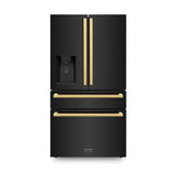 ZLINE Autograph Edition 36 in. 21.6 cu. ft 4-Door French Door Refrigerator with Water and Ice Dispenser in Black Stainless Steel with Polished Gold Square Handles (RFMZ-W-36-BS-FG)