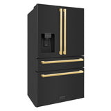 ZLINE Autograph Edition 36 in. 21.6 cu. ft 4-Door French Door Refrigerator with Water and Ice Dispenser in Black Stainless Steel with Polished Gold Square Handles (RFMZ-W-36-BS-FG)