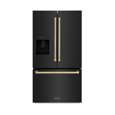 ZLINE Autograph Edition 36 in. 28.9 cu. ft. Standard-Depth French Door External Water Dispenser Refrigerator with Dual Ice Maker in Black Stainless Steel and Champagne Bronze Handles (RSMZ-W-36-BS-CB)
