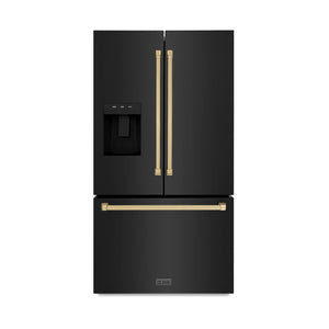 ZLINE Autograph Edition 36 in. 28.9 cu. ft. Standard-Depth French Door External Water Dispenser Refrigerator with Dual Ice Maker in Fingerprint-Resistant Black Stainless Steel and Champagne Bronze Traditional Handles (RSMZ-W-36-BS-CB)