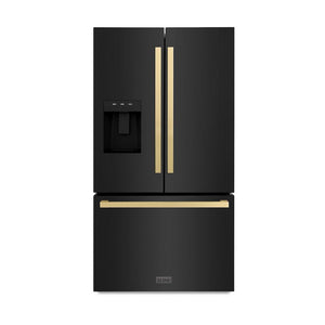 ZLINE Autograph Edition 36 in. 28.9 cu. ft. Standard-Depth French Door External Water Dispenser Refrigerator with Dual Ice Maker in Fingerprint-Resistant Black Stainless Steel and Champagne Bronze Modern Handles (RSMZ-W36-BS-FCB)