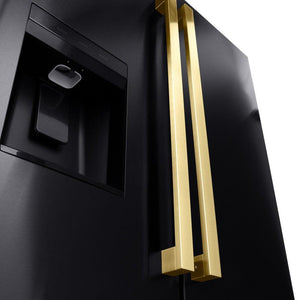 ZLINE Autograph Edition 36 in. 28.9 cu. ft. Standard-Depth French Door External Water Dispenser Refrigerator with Dual Ice Maker in Fingerprint-Resistant Black Stainless Steel and Polished Gold Modern Handles (RSMZ-W-36-BS-FG)