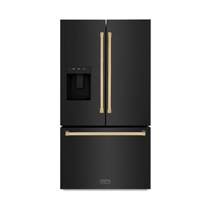 ZLINE Autograph Edition 36 in. 28.9 cu. ft. Standard-Depth French Door External Water Dispenser Refrigerator with Dual Ice Maker in Fingerprint-Resistant Black Stainless Steel and Polished Gold Traditional Handles (RSMZ-W-36-BS-G)