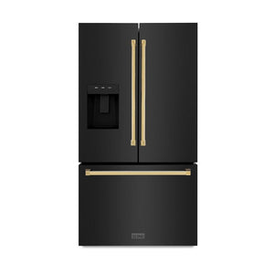 ZLINE Autograph Edition 36 in. 28.9 cu. ft. Standard-Depth French Door External Water Dispenser Refrigerator with Dual Ice Maker in Fingerprint-Resistant Black Stainless Steel and Polished Gold Traditional Handles (RSMZ-W-36-BS-G)