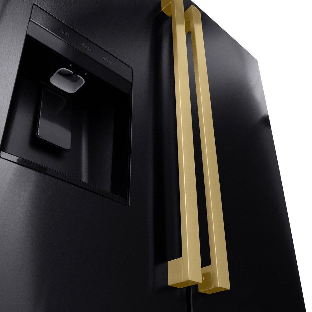ZLINE Autograph Edition 36 in. 28.9 cu. ft. Standard-Depth French Door External Water Dispenser Refrigerator with Dual Ice Maker in Fingerprint-Resistant Black Stainless Steel and Champagne Bronze Modern Handles (RSMZ-W36-BS-FCB)