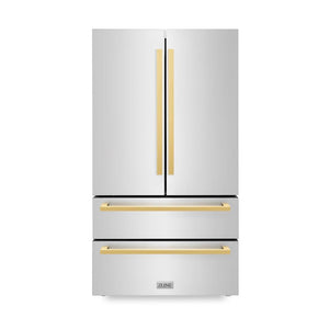 ZLINE Autograph Edition 36 in. 22.5 cu. ft. Counter-Depth French Door Refrigerator with Ice Maker in Fingerprint-Resistant Stainless Steel with Polished Gold Modern Handles (RFMZ-36-FG)