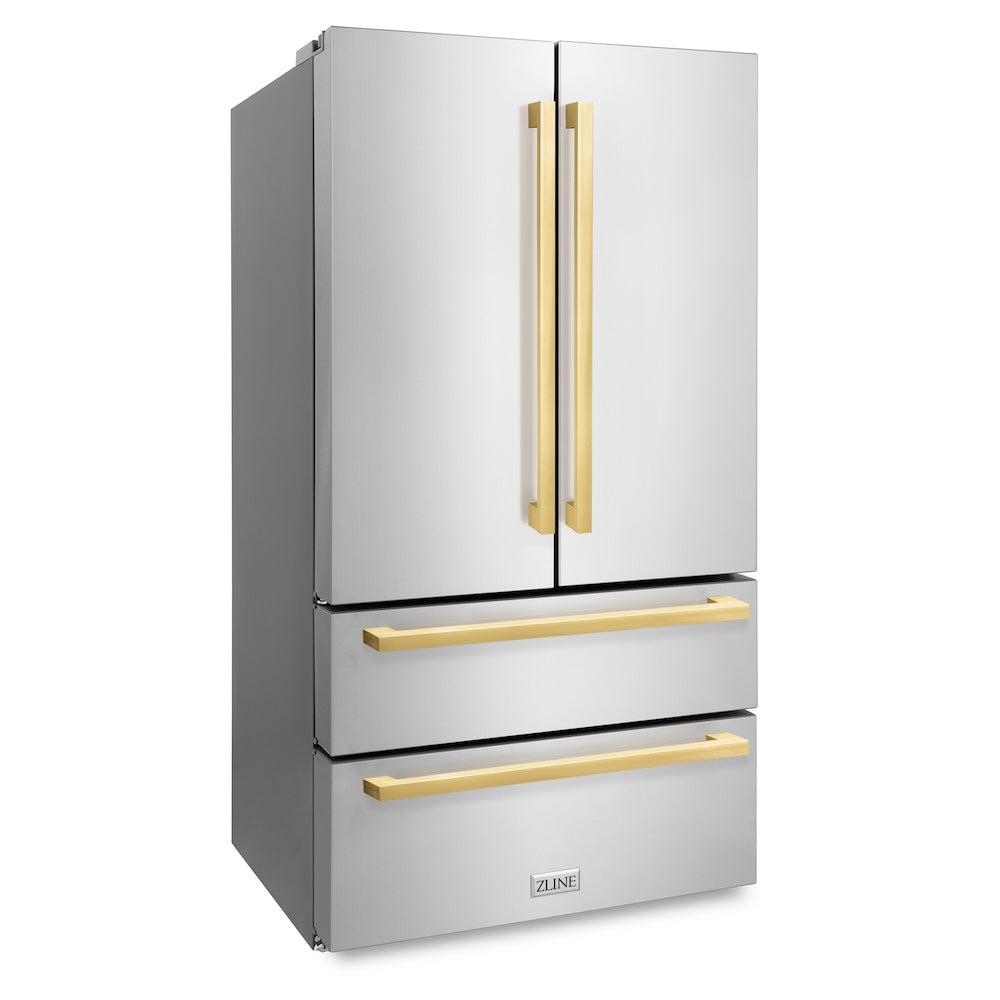 ZLINE Autograph Edition 36 in. 22.5 cu. ft 4-Door French Door Refrigerator with Ice Maker in Stainless Steel with Polished Gold Square Handles (RFMZ-36-FG)