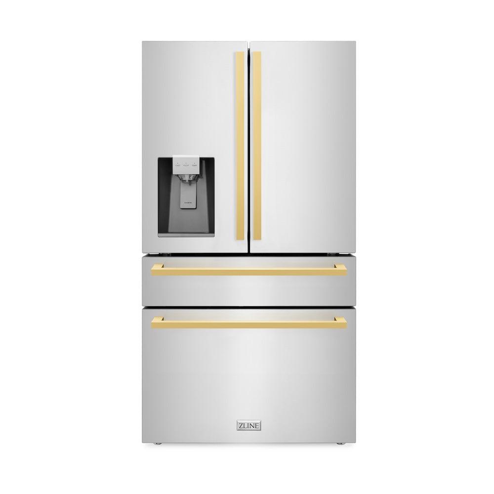 ZLINE Autograph Edition 36 in. 21.6 cu. ft 4-Door French Door Refrigerator with Water and Ice Dispenser in Stainless Steel with Polished Gold Square Handles (RFMZ-W-36-FG)