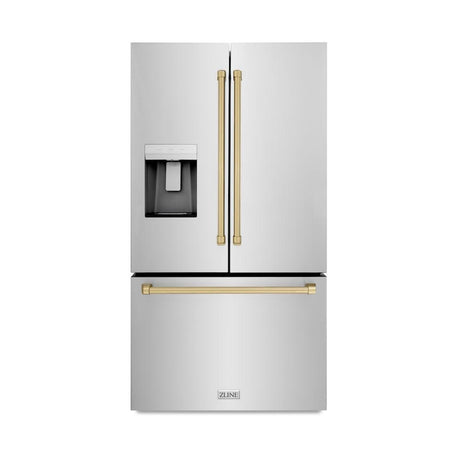 ZLINE Autograph Edition 36 in. 28.9 cu. ft. Standard-Depth French Door External Water Dispenser Refrigerator with Dual Ice Maker in Fingerprint Resistant Stainless Steel and Champagne Bronze Handles (RSMZ-W-36-CB)