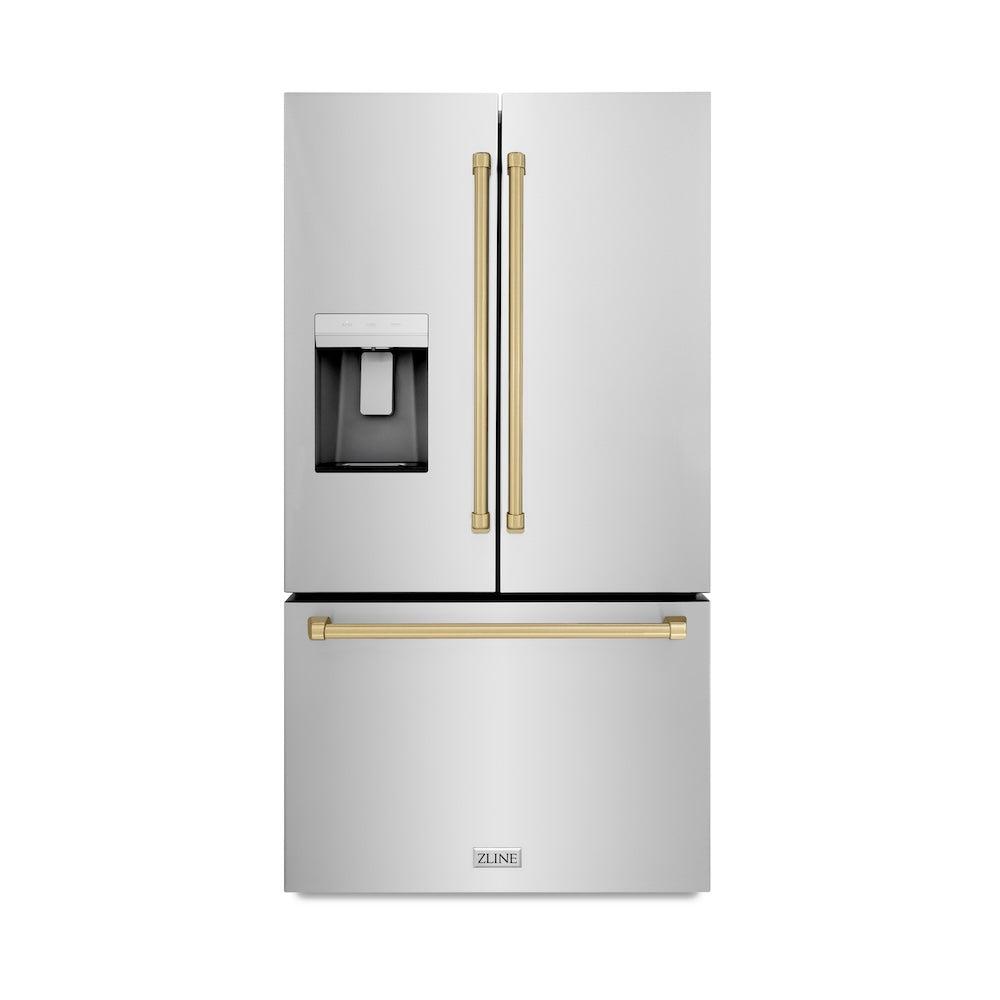 ZLINE Autograph Edition 36 in. 28.9 cu. ft. Standard-Depth French Door External Water Dispenser Refrigerator with Dual Ice Maker in Fingerprint-Resistant Stainless Steel and Champagne Bronze Traditional Handles (RSMZ-W-36-CB)