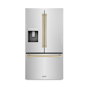 ZLINE Autograph Edition 36 in. 28.9 cu. ft. Standard-Depth French Door External Water Dispenser Refrigerator with Dual Ice Maker in Fingerprint-Resistant Stainless Steel and Champagne Bronze Traditional Handles (RSMZ-W-36-CB)