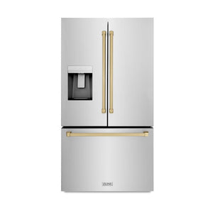 ZLINE Autograph Edition 36 in. 28.9 cu. ft. Standard-Depth French Door External Water Dispenser Refrigerator with Dual Ice Maker in Fingerprint-Resistant Stainless Steel and Champagne Bronze Traditional Handles (RSMZ-W-36-CB)